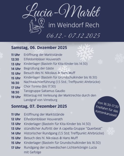 Unser Programm für den diesjährige Lucia-Markt 🎄

#luciamarktrech #weihnachtsmarkt #weindorfrech