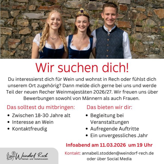 Wir suchen Dich! 👑
Werde Teil unserer Recher Weinmajestäten 2026/27 🍇
Auf dich wartet eine spannende Zeit voll Begegnungen, neuen Herausforderungen und leckeren Weinen. 🍷
#weindorfrech #weinmajestätenrech #ahrwein #ahrtal #recherwein