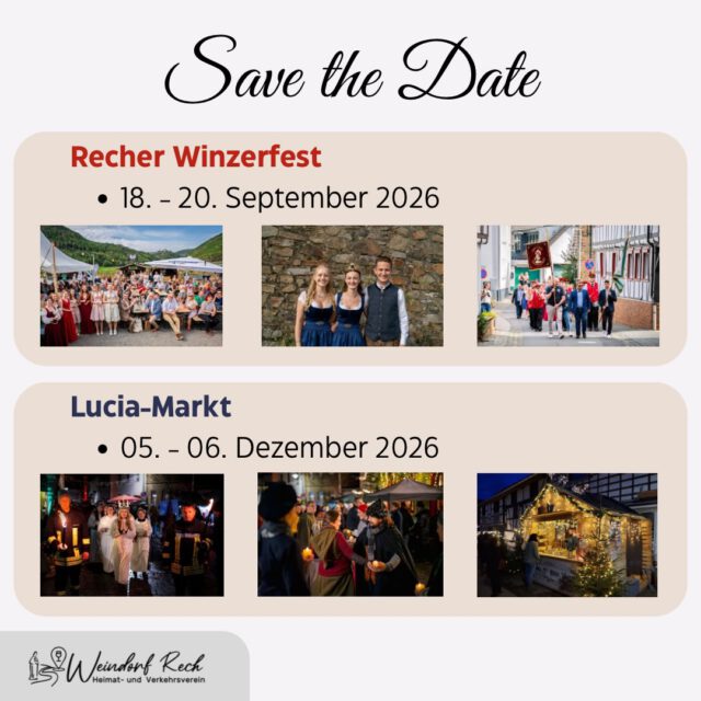 Save the Date 🗓️

Wir stecken wieder mitten in der Planung für unsere zwei Großveranstaltungen Winzerfest und Lucia-Markt. 🎉

Tragt euch die Daten schonmal in den Kalender ein. Wir freuen uns auf Euch! 

#weindorfrech #winzerfestrech #luciamarkt #luciamarktrech #recherwinzer