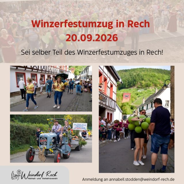 Guten Morgen zusammen,
in vier Wochen ist es endlich soweit: Unser Winzerfest steht vor der Tür und die Vorfreude steigt täglich! Ein absolutes Highlight ist auch in diesem Jahr wieder der traditionelle Winzerfestumzug am Sonntag, den 20. September 2026. 🍇
Damit unser Umzug bunt, vielfältig und lebendig wird, brauchen wir Euch! Ob als Fußgruppe oder mit einem eigenen Festwagen – jede Idee und jede Gruppe ist herzlich willkommen.
Möchtet Ihr dabei sein? Dann meldet euch gerne!
#weindorfrech #winzerfestrech #winzerfestumzugrech