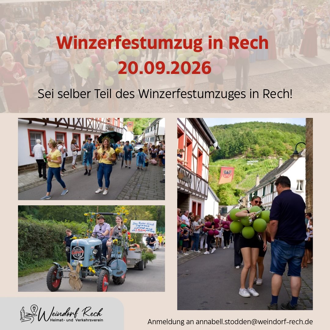 Guten Morgen zusammen,
in vier Wochen ist es endlich soweit: Unser Winzerfest steht vor der Tür und die Vorfreude steigt täglich! Ein absolutes Highlight ist auch in diesem Jahr wieder der traditionelle Winzerfestumzug am Sonntag, den 20. September 2026. 🍇
Damit unser Umzug bunt, vielfältig und lebendig wird, brauchen wir Euch! Ob als Fußgruppe oder mit einem eigenen Festwagen – jede Idee und jede Gruppe ist herzlich willkommen.
Möchtet Ihr dabei sein? Dann meldet euch gerne!
#weindorfrech #winzerfestrech #winzerfestumzugrech