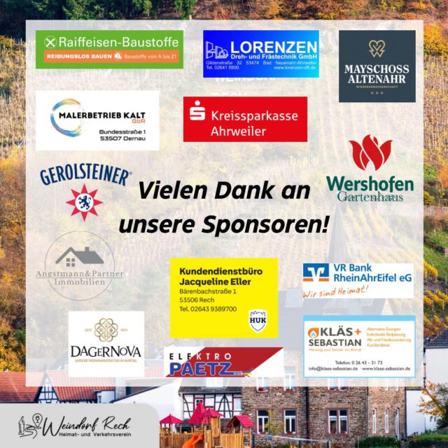 Starke Partner für ein unvergessliches Fest! 🤝🍷✨
Ein Event wie das Recher Winzerfest auf die Beine zu stellen, gelingt nur mit großartiger Unterstützung. Ein von Herzen kommendes DANKESCHÖN an all unsere Sponsoren und Partner!
Durch euer Engagement helft ihr uns dabei, Tradition, Kultur und das besondere Gemeinschaftsgefühl in unserem Weindorf lebendig zu halten. Schön, dass wir euch an unserer Seite haben! 👏❤️
📍 Recher Winzerfest | 18. – 20. September 2026
#RecherWinzerfest #WeindorfRech #Sponsoren #Danke #Gemeinschaf