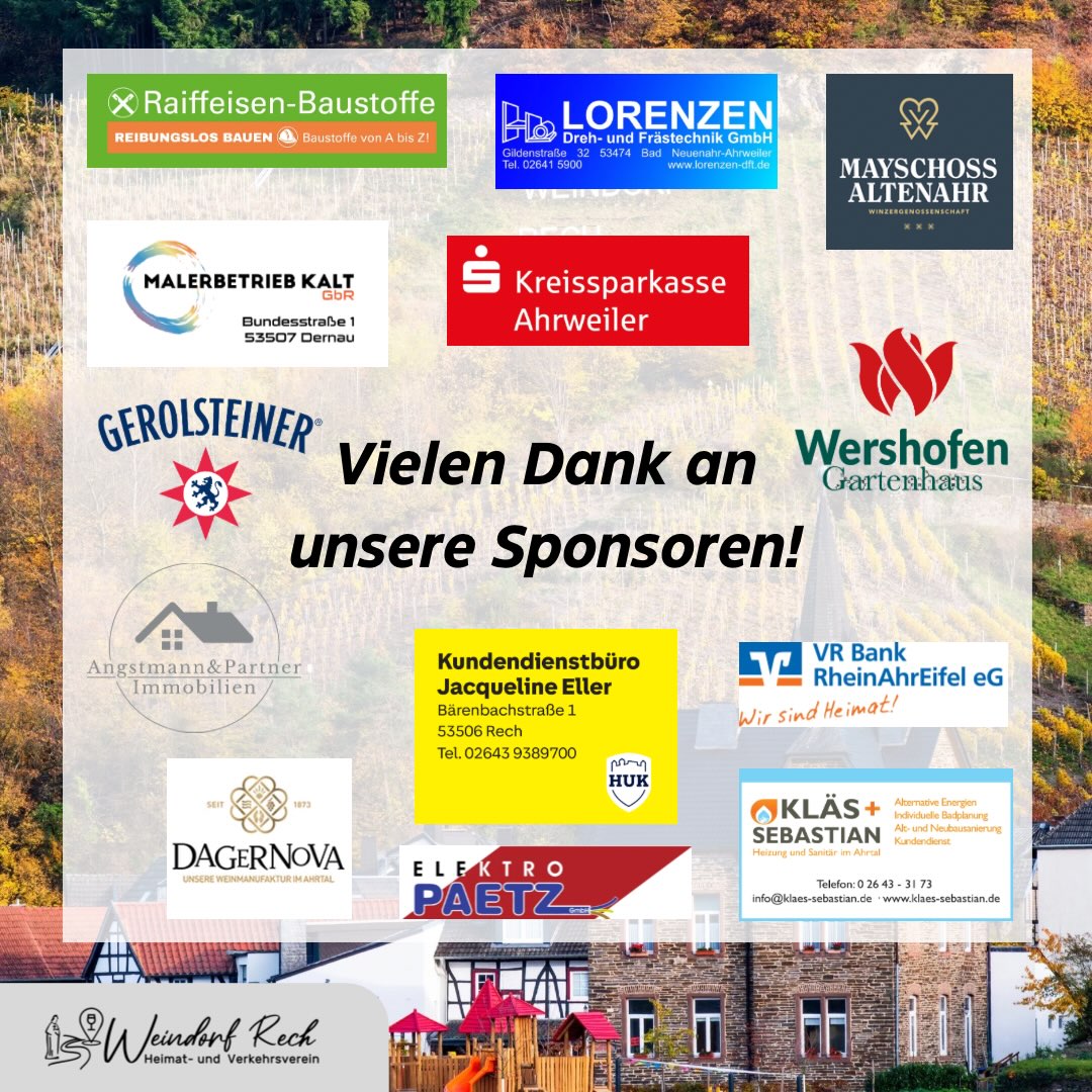 Starke Partner für ein unvergessliches Fest! 🤝🍷✨
Ein Event wie das Recher Winzerfest auf die Beine zu stellen, gelingt nur mit großartiger Unterstützung. Ein von Herzen kommendes DANKESCHÖN an all unsere Sponsoren und Partner!
Durch euer Engagement helft ihr uns dabei, Tradition, Kultur und das besondere Gemeinschaftsgefühl in unserem Weindorf lebendig zu halten. Schön, dass wir euch an unserer Seite haben! 👏❤️
📍 Recher Winzerfest | 18. – 20. September 2026
#RecherWinzerfest #WeindorfRech #Sponsoren #Danke #Gemeinschaf